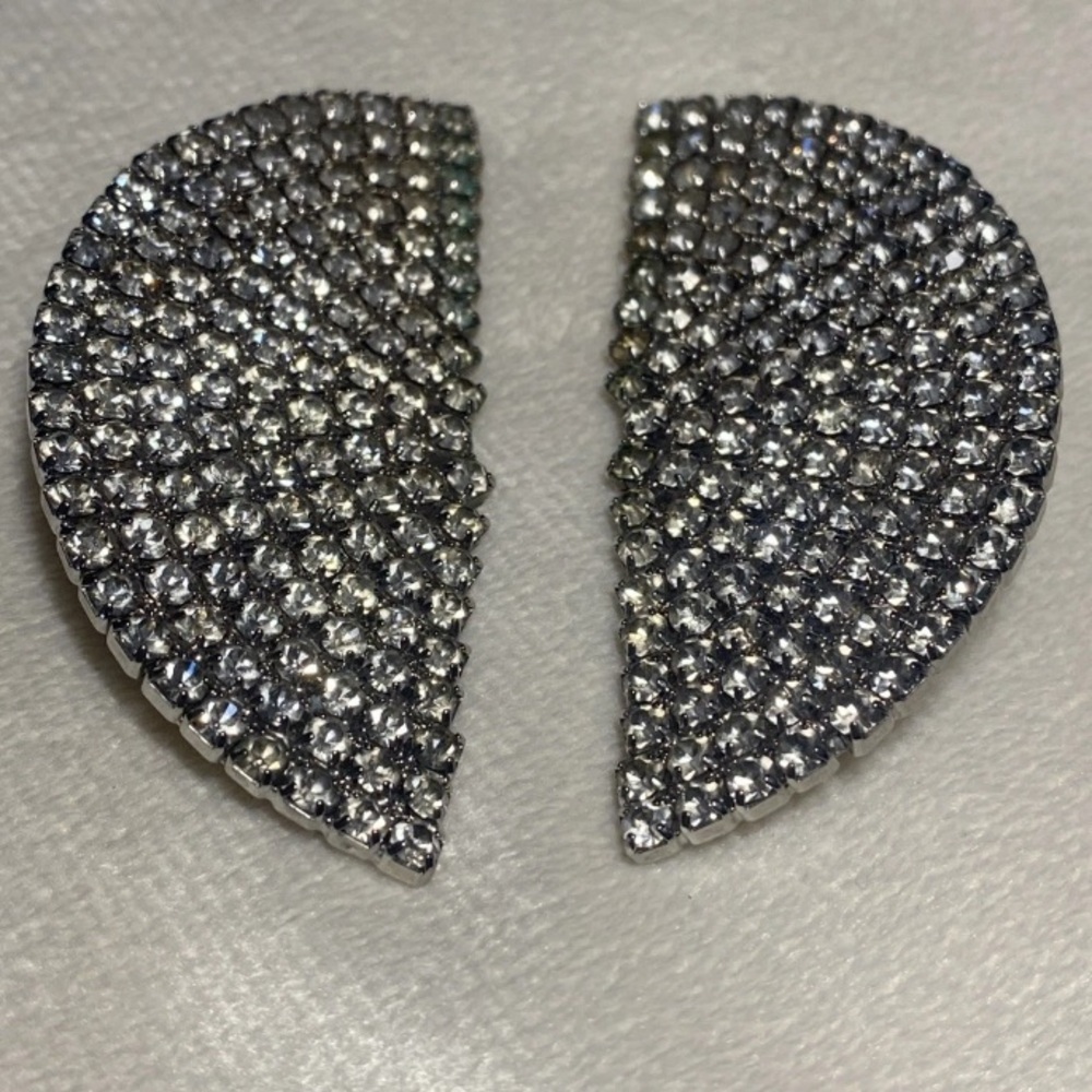 Vintage Art Deco Clear Rhinestones Large Half Moon Shaped Clip On Earrings
